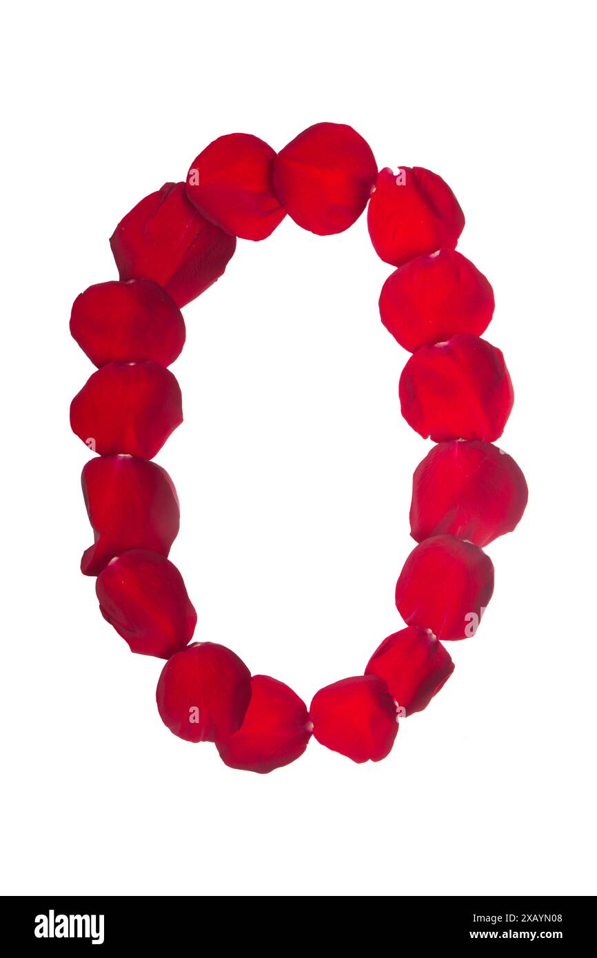 Letter O formed of red rose petals of white background. Symbolizes ...