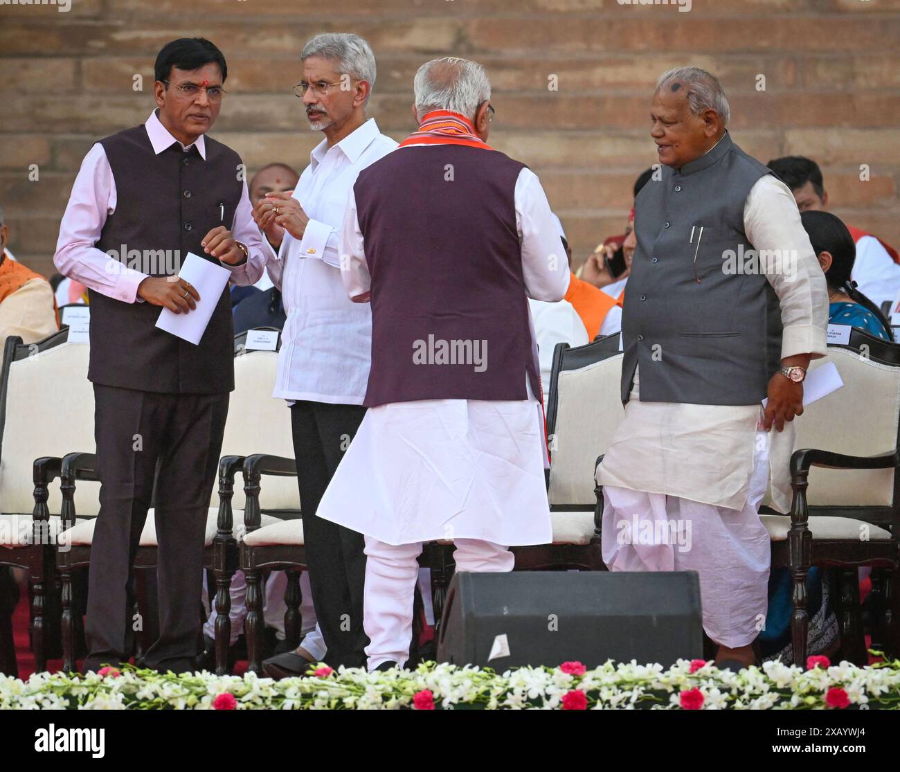 NEW DELHI, INDIA - JUNE 9: Bharatiya Janata Party (BJP) leader Mansukh Mandaviya along with S. Jaishankar and Hindustani Awam Morcha (HAM) leader Jitan Ram Manjhi seen during oath ceremony of Prime Minister Narendra Modi as the Prime Minister of India for the third consecutive term during swearing-in ceremony, at Rashtrapati Bhavan on June 9, 2024 in New Delhi, India. Narendra Modi took over as the Prime Minister of India for a third consecutive term at a glittering ceremony at the forecourt of Rashtrapati Bhavan. Along with PM Modi, a new council of ministers was sworn in with 71 members, mar Stock Photo