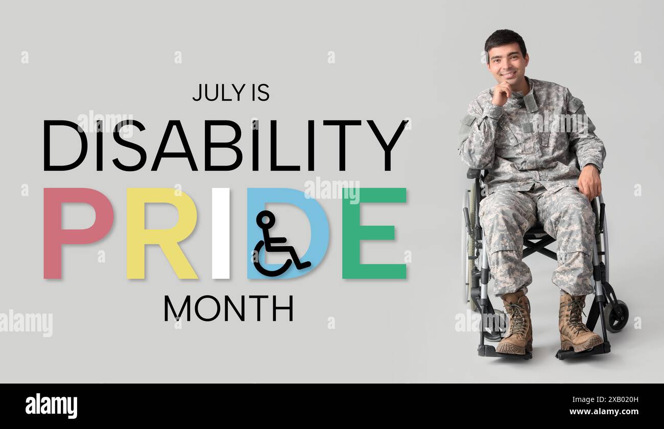 Young soldier in wheelchair on grey background. Banner for Disability ...