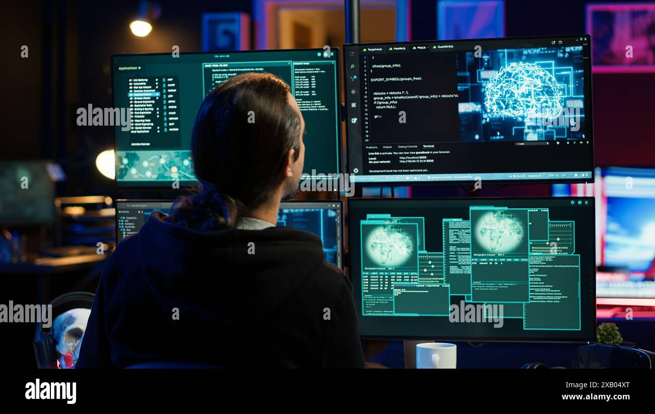 Hacker drinking coffee while running artificial intelligence spyware software designed to gather information from users. Script kiddie doing illegal stuff using AI, consuming beverage, camera A Stock Photo