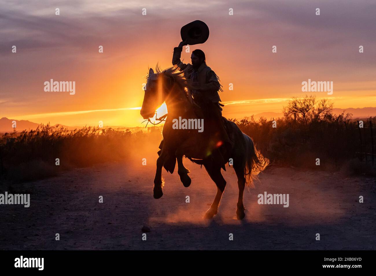 Silhouette of a ranch hand, or cowboy, riding his horse in the sunset ...
