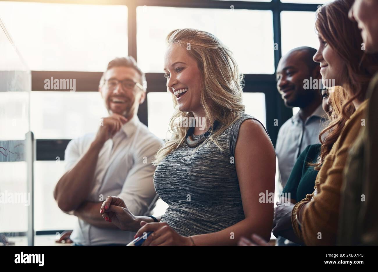 Happy, woman and presentation meeting in office with discussion ...
