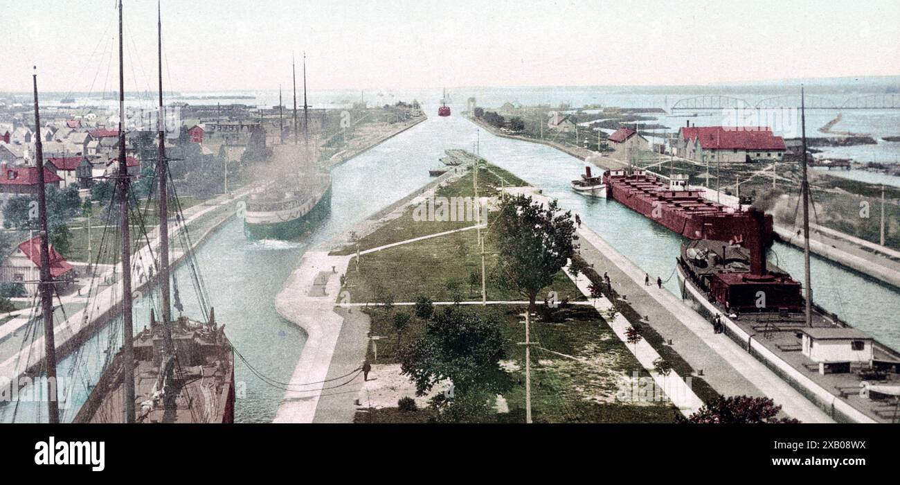 The Locks, Sault Ste. Marie, Michigan, circa 1900 Stock Photo