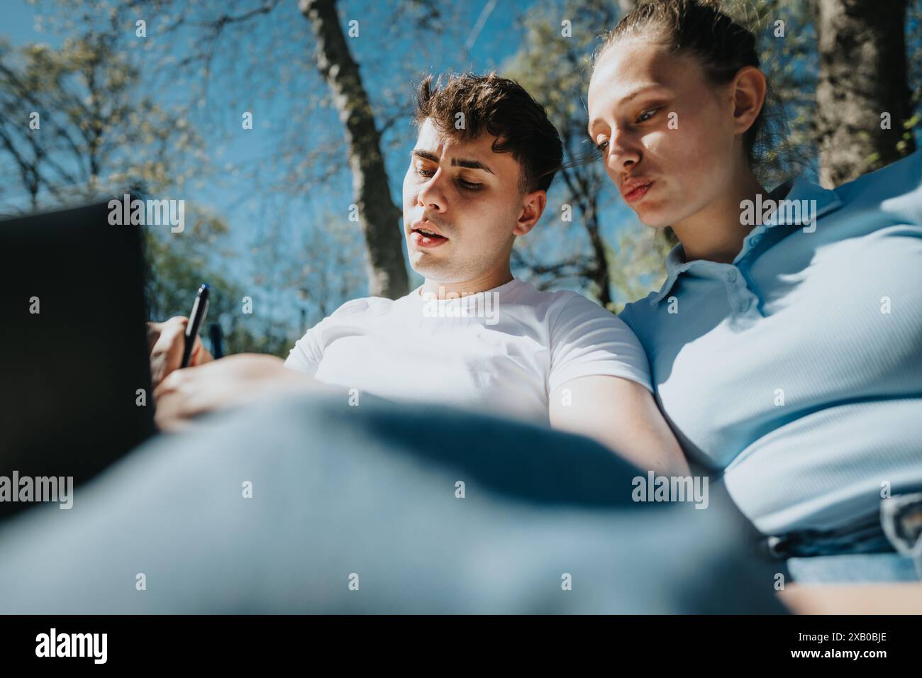 Focused students working on a project outdoors on a sunny day Stock Photo