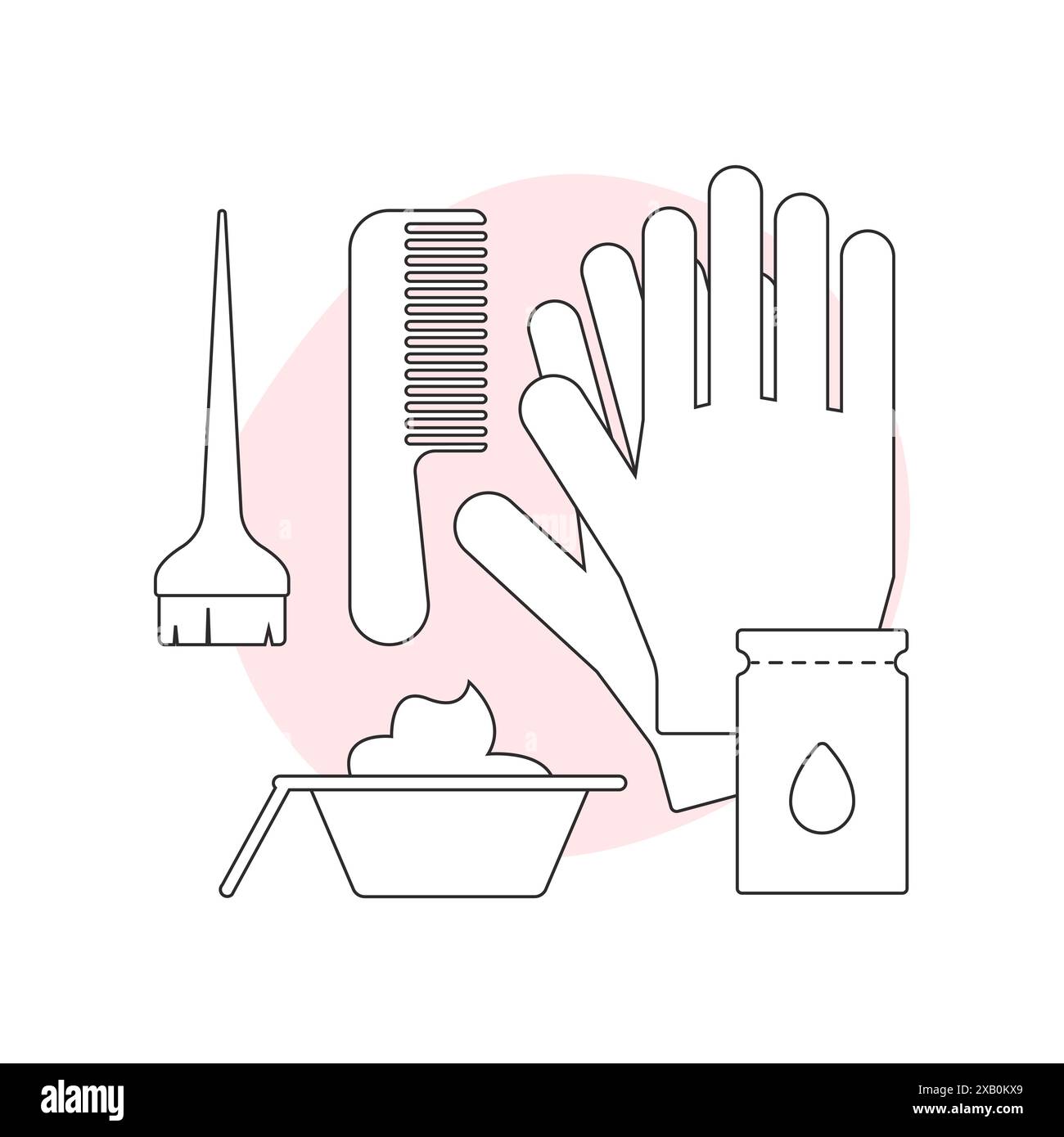 Hair coloring set, gloves and bowl with hair dye, comb and brush vector