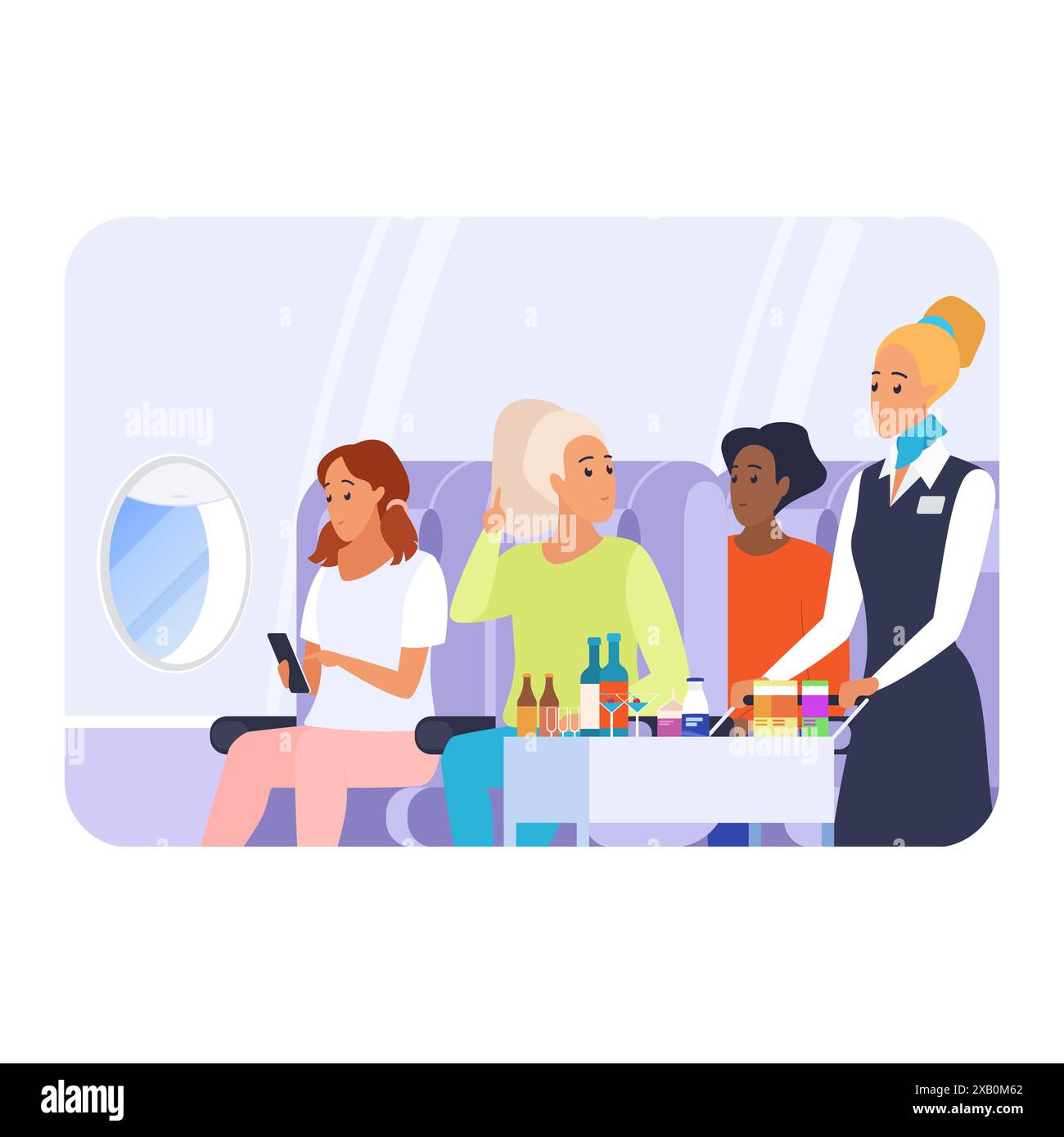 Flight attendant serving food and drinks to passengers, woman in aisle with cart vector
