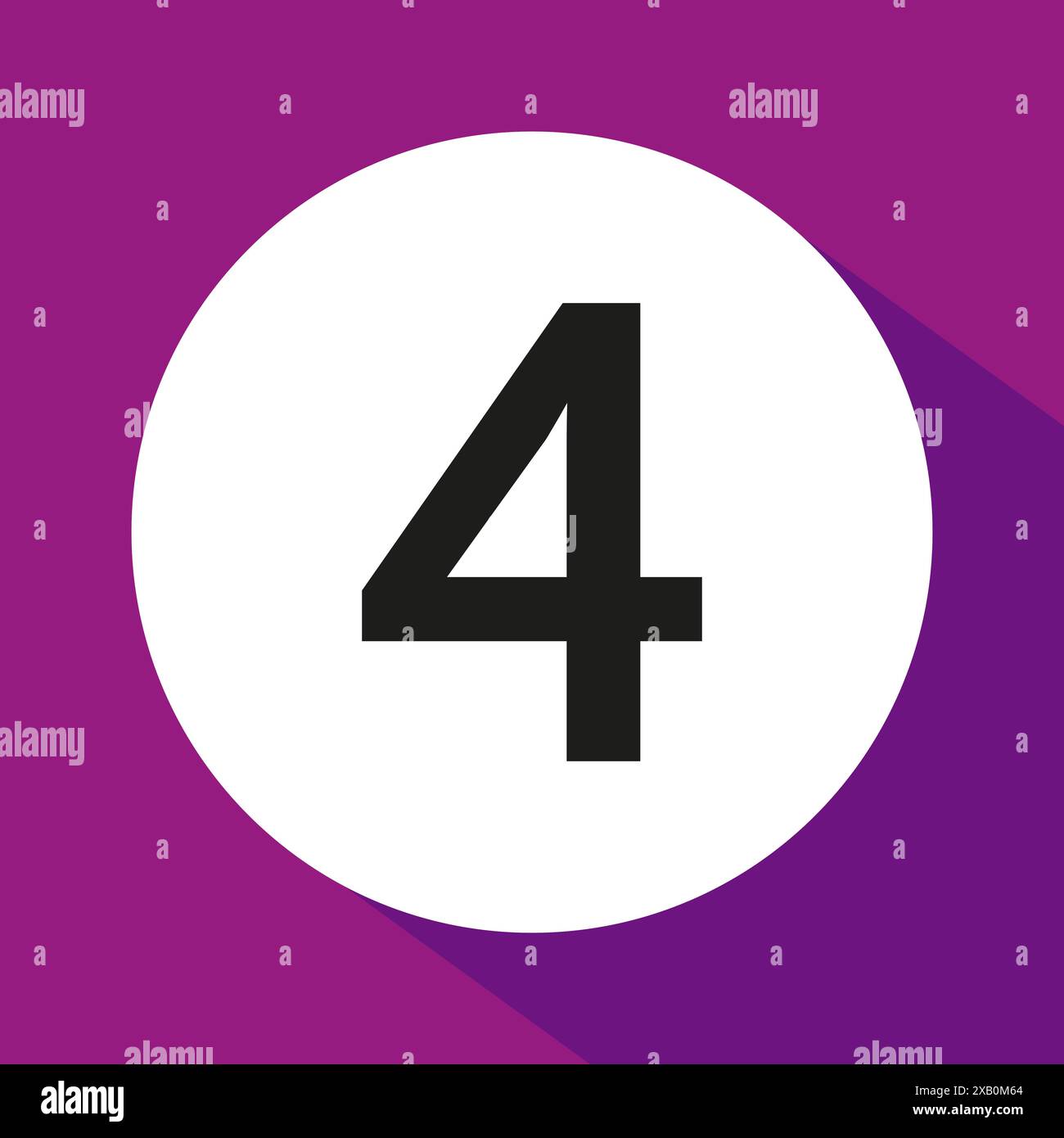 Number four icon vector. Black digit symbol. White circle background. Purple backdrop shadow. Stock Vector
