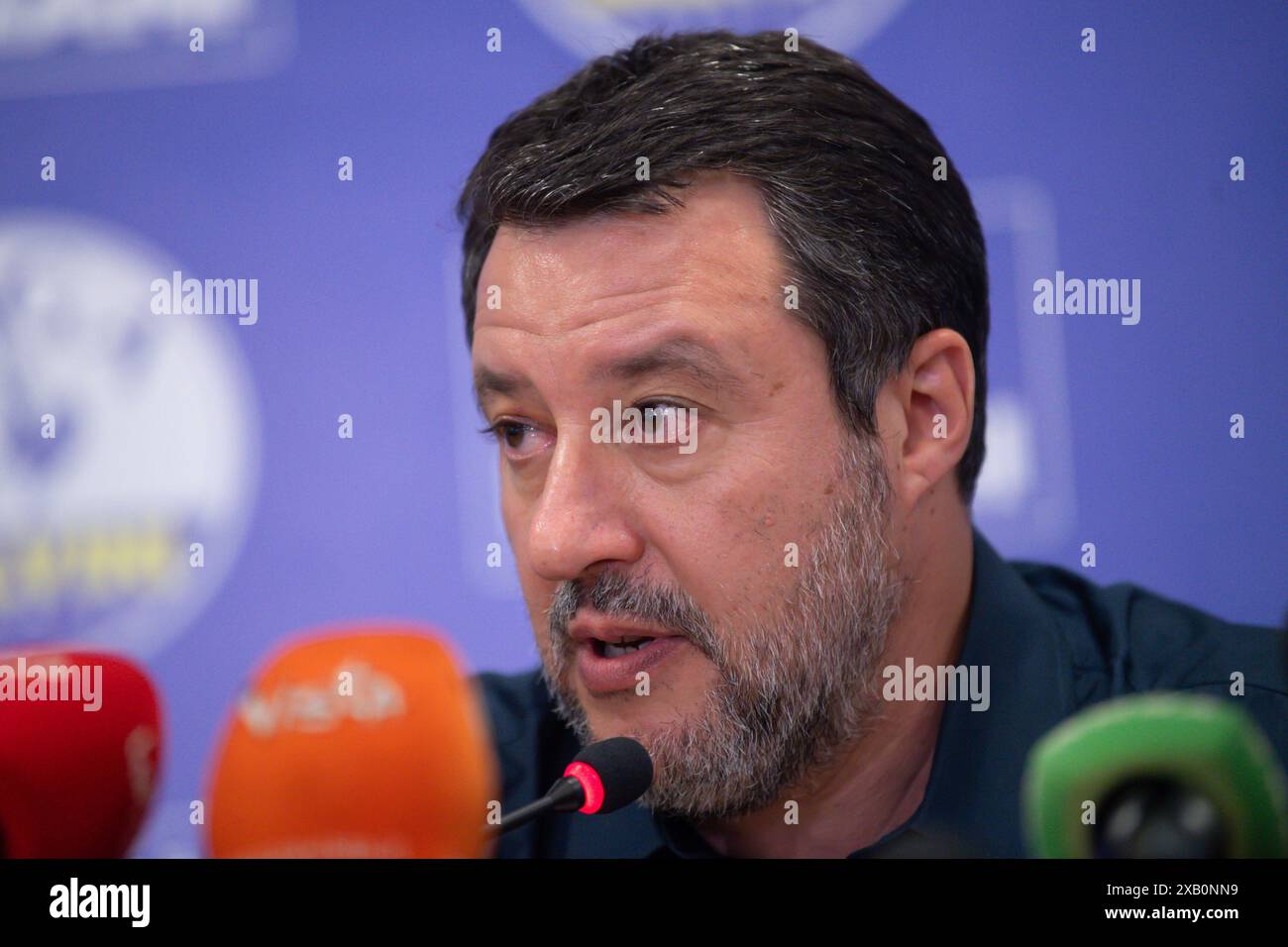 Milan, Italy. 10th June, 2024.  League leader Matteo Salvini comments on early European election results at League headquarters in via Bellerio - Monday, June 10, 2024 (Photo Claudio Furlan/Lapresse) Credit: LaPresse/Alamy Live News Stock Photo