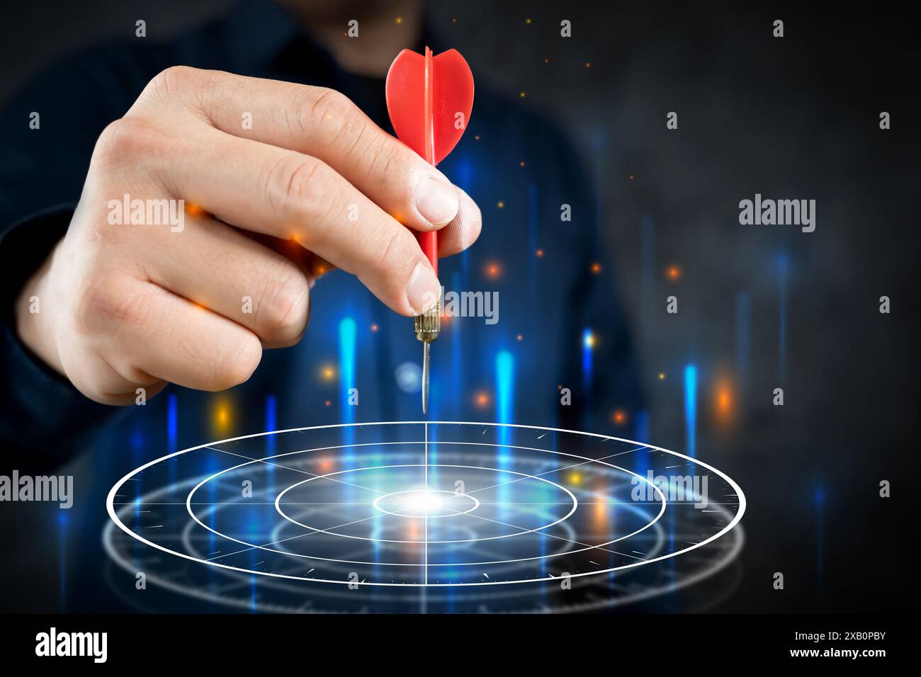 Businessman throwing red arrow dart to virtual target dart board. Setup ...