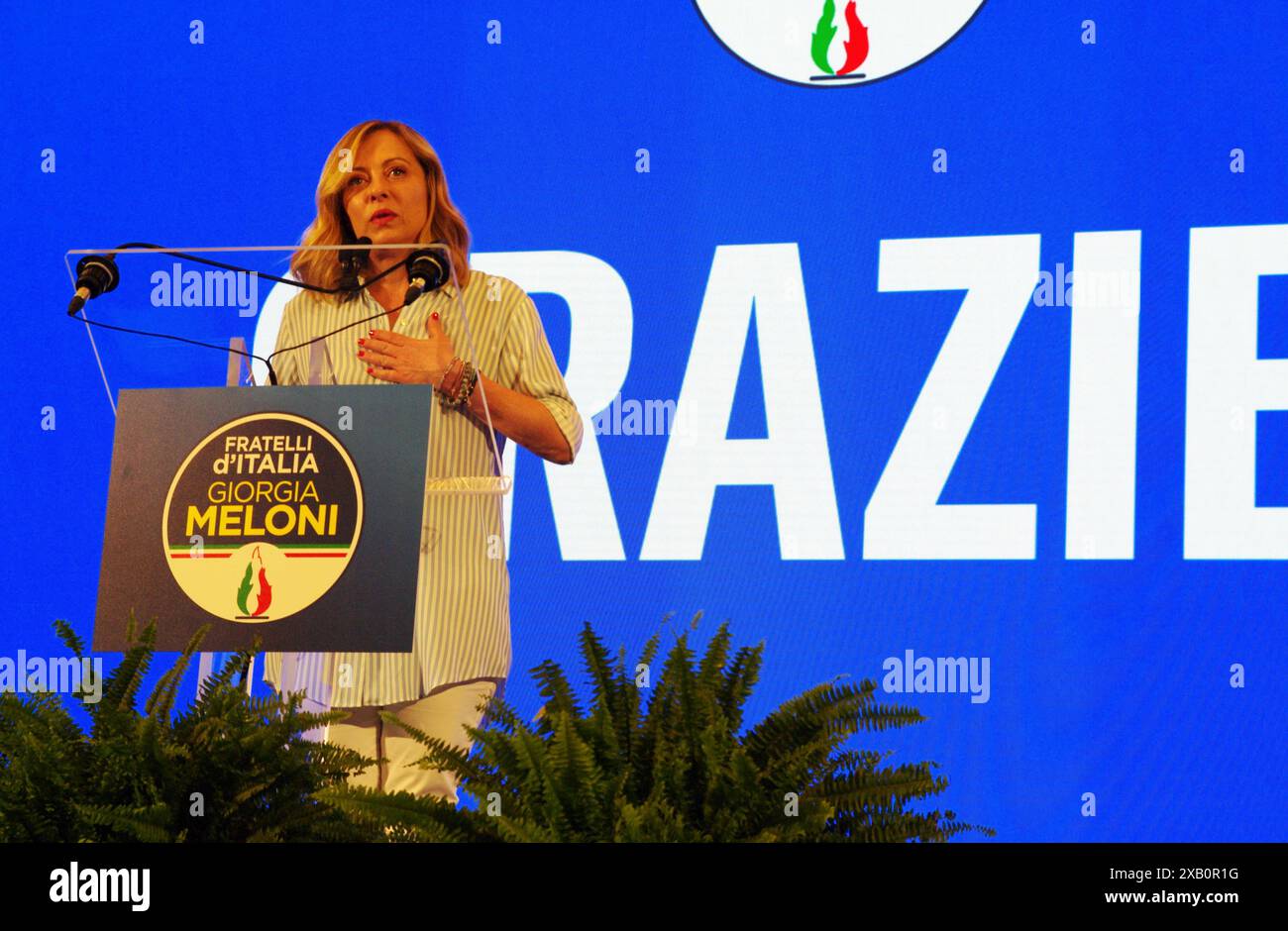 Rome, Italy. 10th June, 2024. Giorgia Meloni gives her speech after