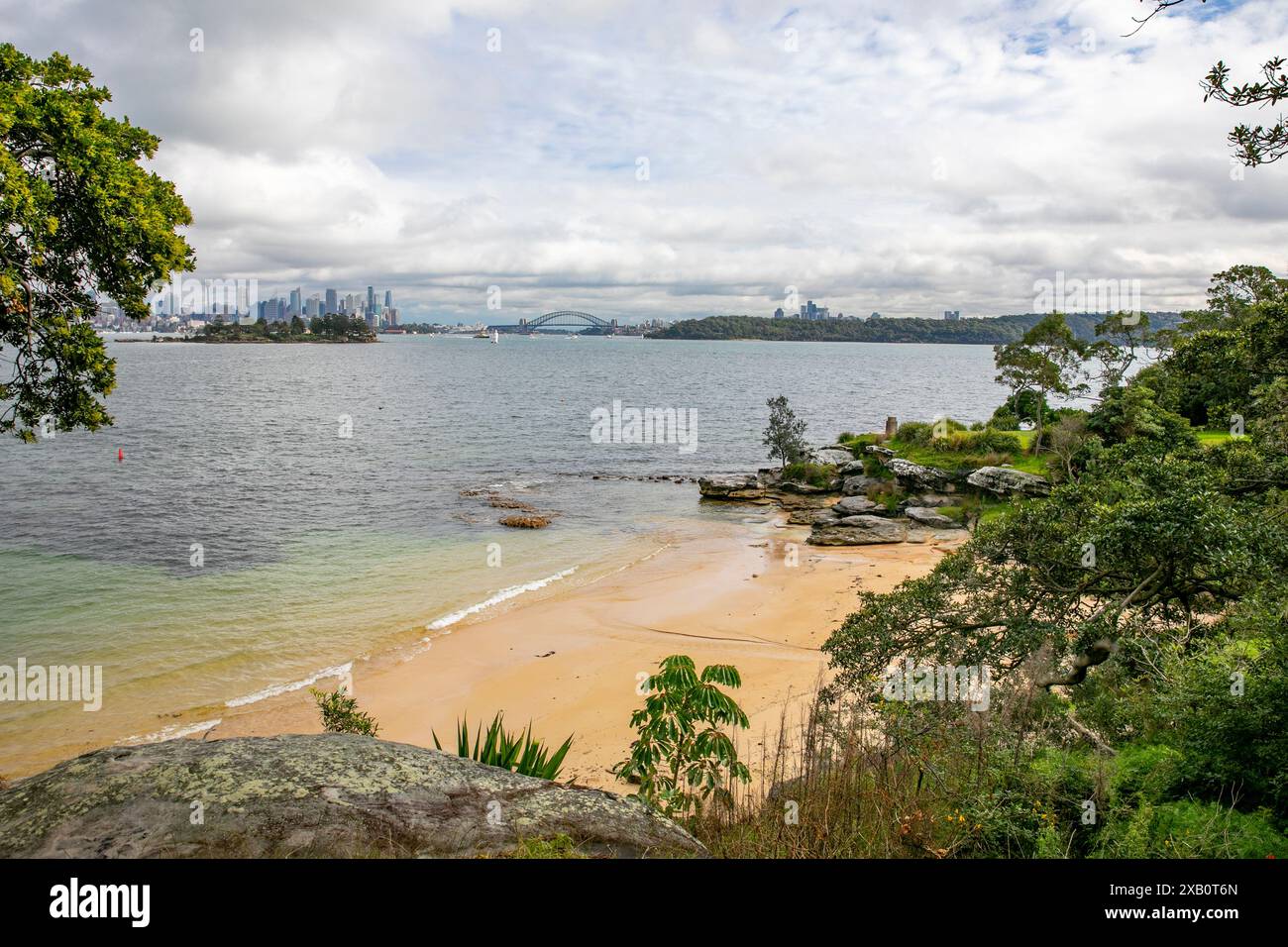 Milk beach in Vaucluse with views of Sydney harbour bridge, Sydney city ...