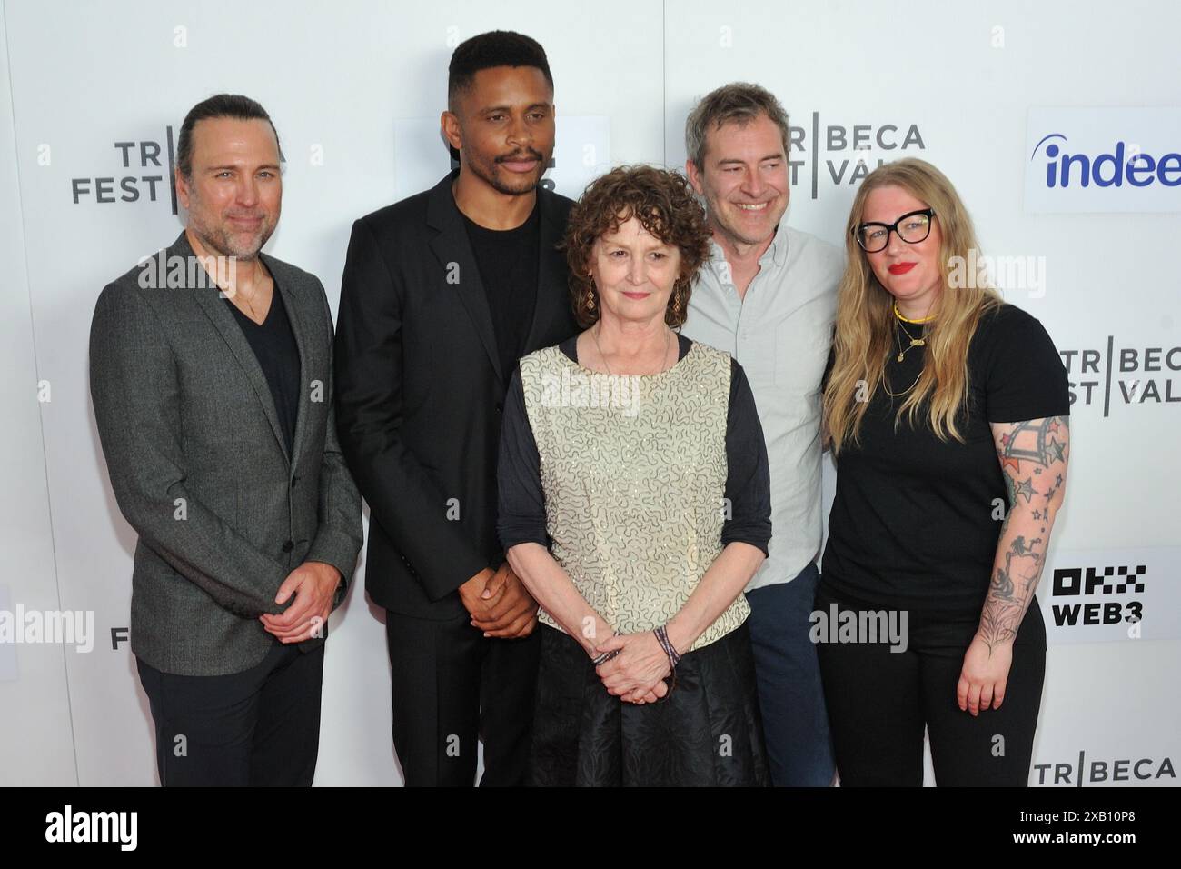 New York, USA. 09th June, 2024. L-R: Jonathan T. Baker, Mnamdi Asomugha, Melissa Leo, Mark Duplass and Mel Eslyn attend the world premiere of The Knife at the SVA Theater at the Tribeca Festival in New York, NY on June 9, 2024. (Photo by Stephen Smith/SIPA USA) Credit: Sipa USA/Alamy Live News Stock Photo