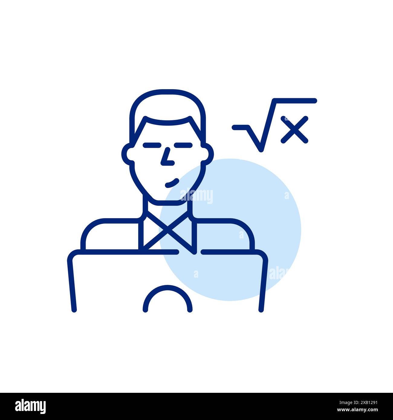 Young man at laptop and square root formula. Digital math learning integration. Engineering, computer science student. Pixel perfect, editable stroke Stock Vector