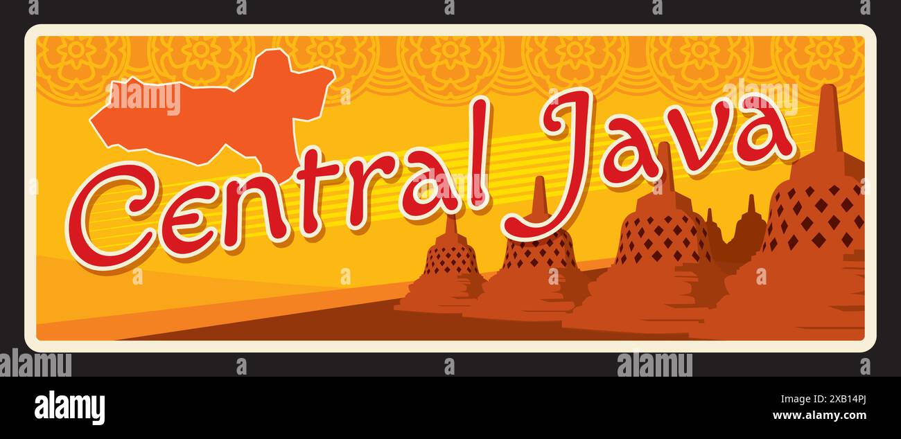 Central Java Indonesian province. Vector travel plate, vintage tin sign, retro welcoming postcard design. Plaque with Indonesia sight of Prambanan Temple, map and ornaments Stock Vector