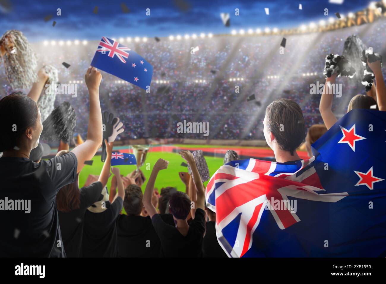 New Zealand supporter on stadium in cricket or rugby match. New ...