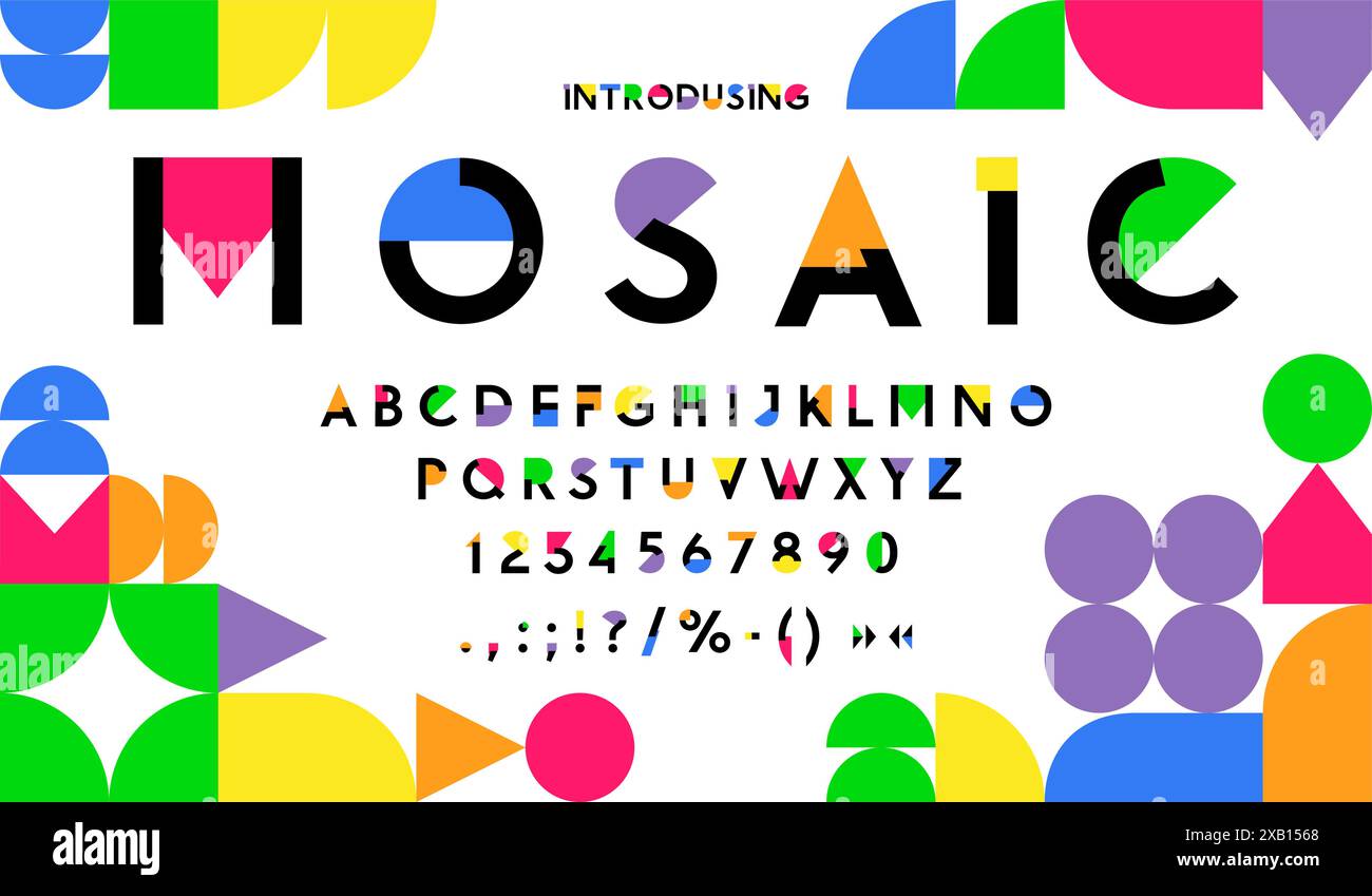 Color mosaic geometry font, retro art type. Vector vibrant, playful abc ...