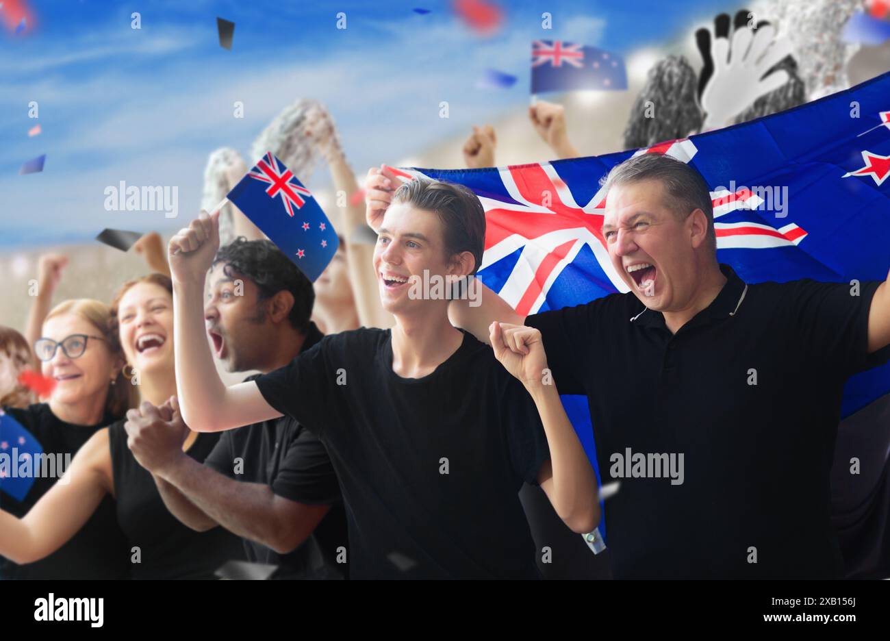 New Zealand supporter on stadium in cricket or rugby match. New ...