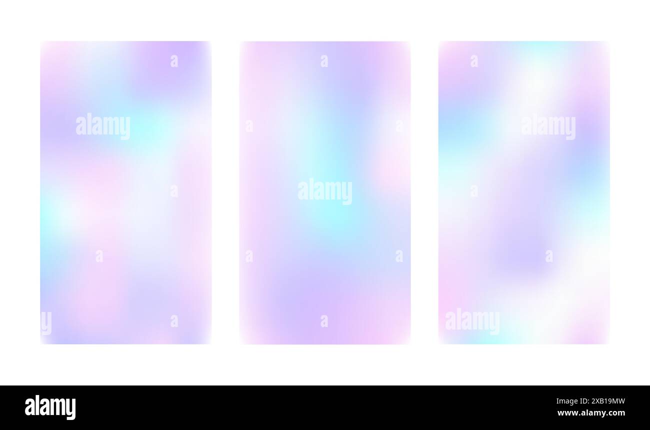 Y2k Holographic Gradient Background. Set of trendy abstract neon templates. Iridescent aura posters. Modern pearlescent vector. Pastel minimalist Stock Vector