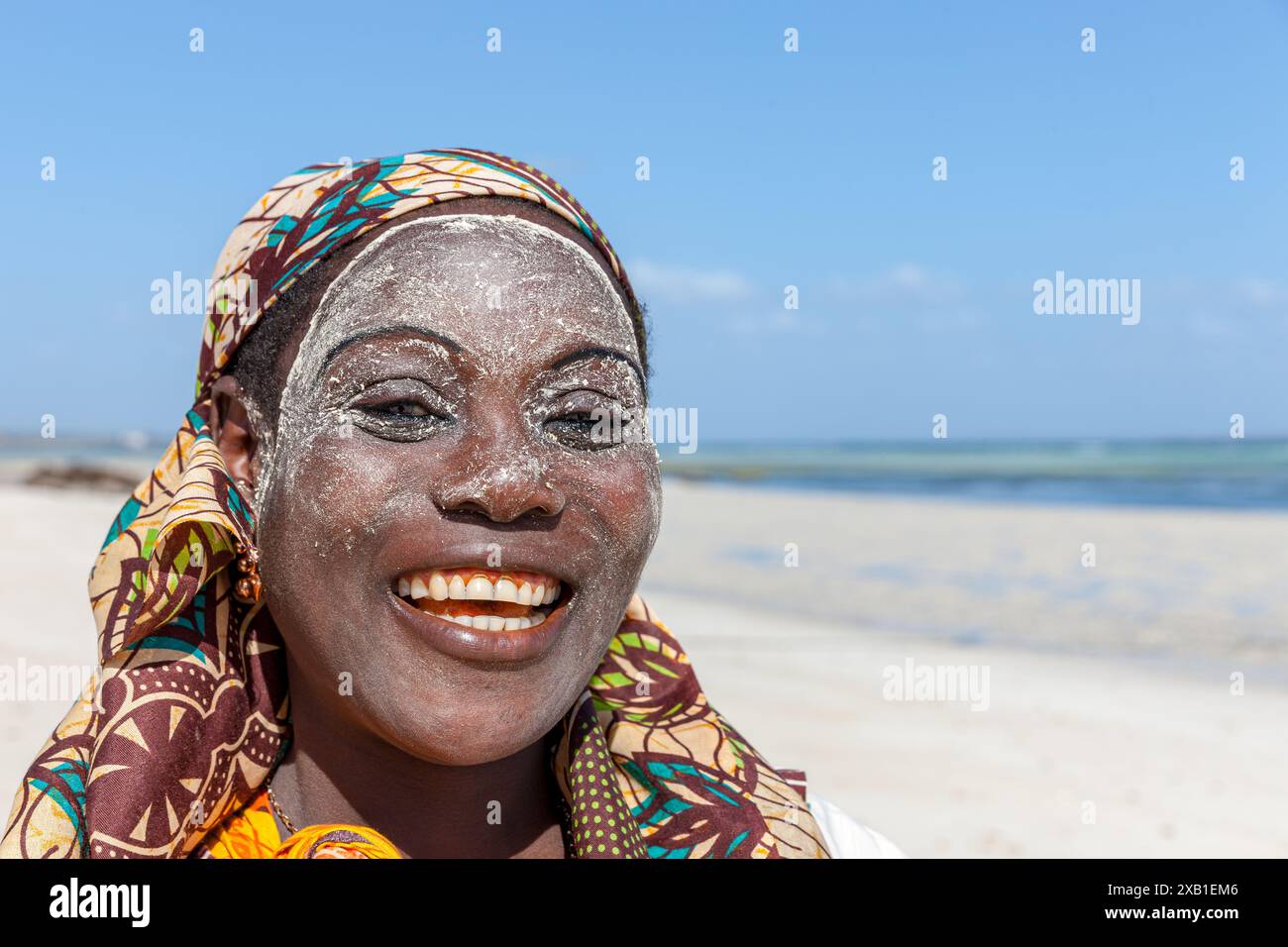 Mozambique, Cabo Delgado, Pemba, Portrait of Mozambican woman with decoration Stock Photo