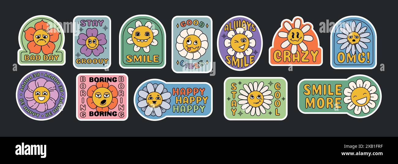 Vector groovy daisy flowers sticker with faces. Funky flower characters ...