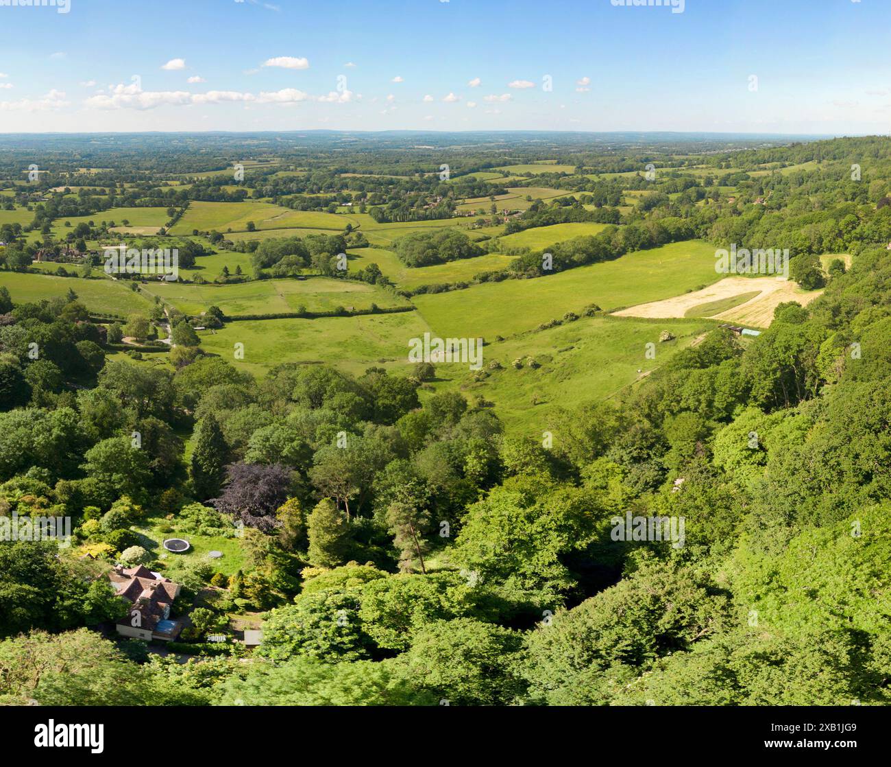 High drone view of the Weald of Kent looking south from One Tree Hill, Underriver, Sevenoaks, Kent. Stock Photo