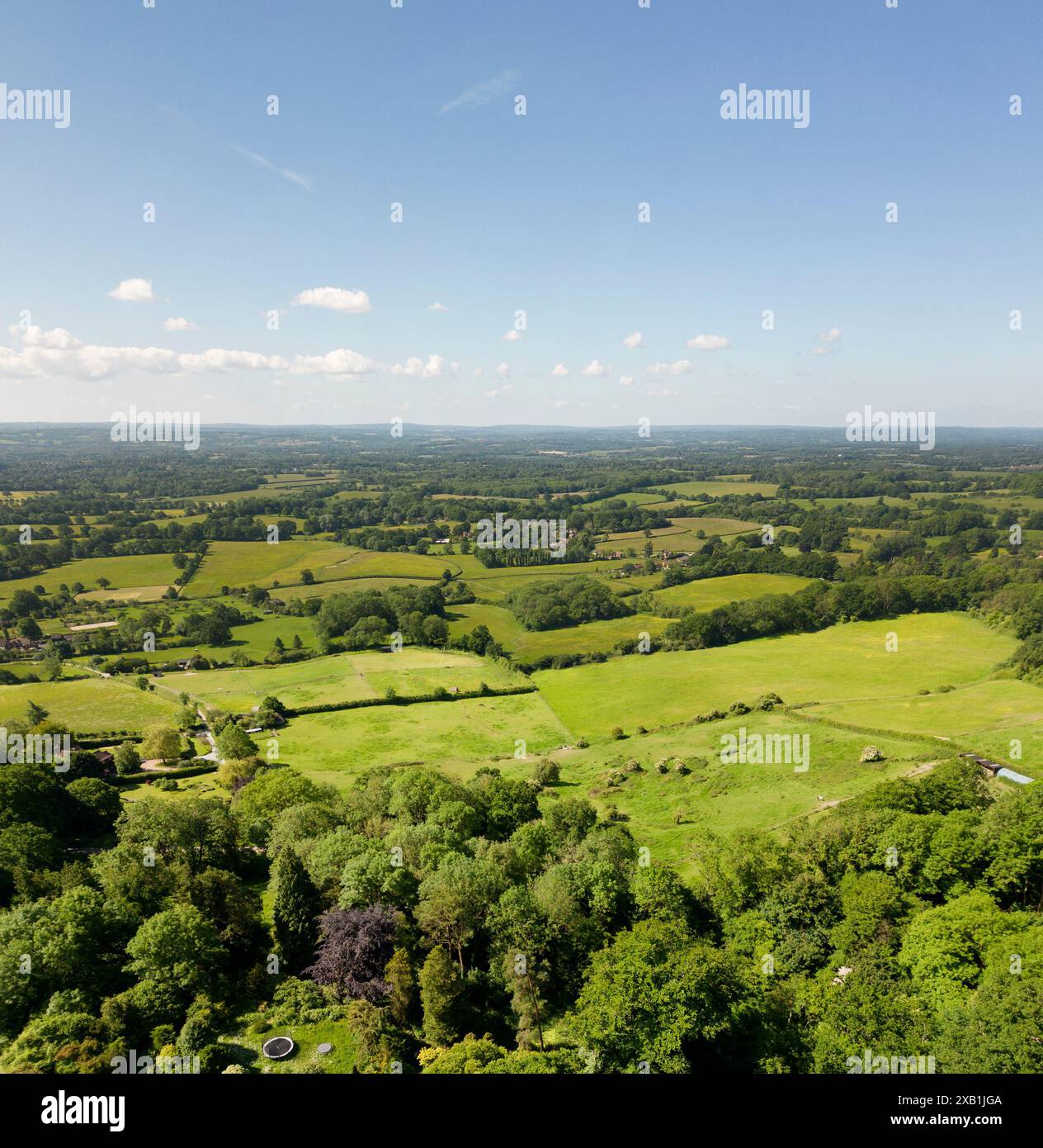 High drone view of the Weald of Kent looking south from One Tree Hill, Underriver, Sevenoaks, Kent. Stock Photo