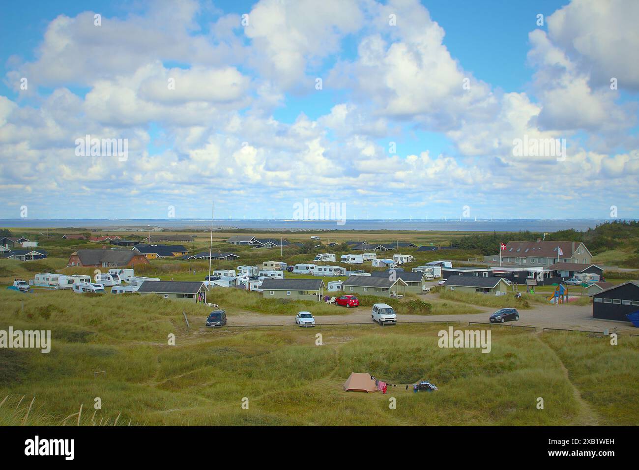 Sande Denmark Camp site with caravans behind dunes between Ringkobing Fjord and North ...