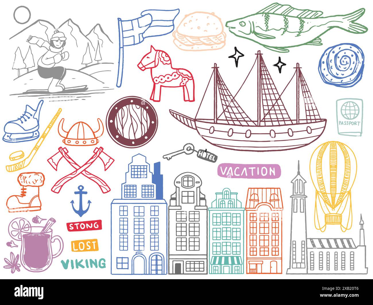 Hand drawn set of doodle travel to Sweden set travel outline doodle Tourism and summer adventure icons in colorful style isolated on white background. Stock Vector