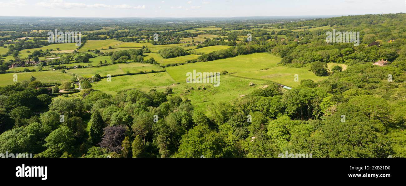 High drone view of the Weald of Kent looking south from One Tree Hill, Underriver, Sevenoaks, Kent. Stock Photo