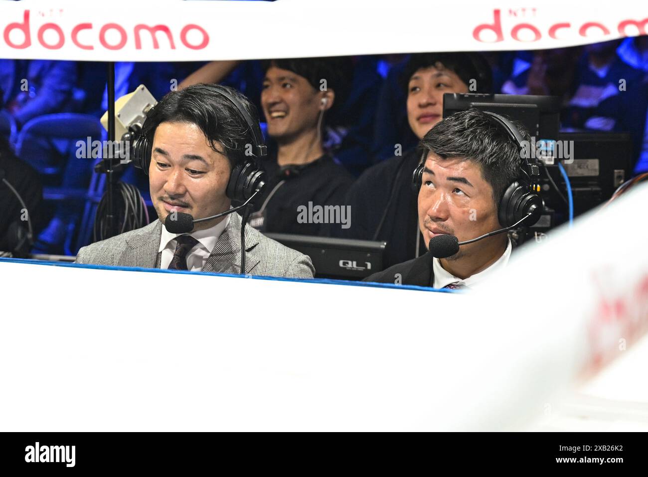 Japanese former professional boxers Shinsuke Yamanaka, left, and Hozumi Hasegawa are seen in the broadcast booth after the IBF-WBA-WBC-WBO superbantamweight title boxing bout at Tokyo Dome in Tokyo, Japan on May 6, 2024. Credit: Hiroaki Finito Yamaguchi/AFLO/Alamy Live News Stock Photo