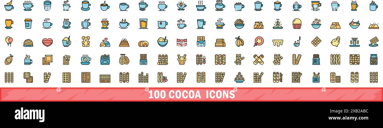 100 cocoa icons set. Color line set of cocoa vector icons thin line ...
