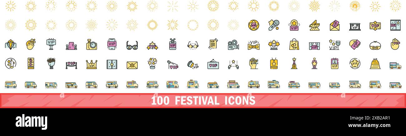 100 festival icons set. Color line set of festival vector icons thin ...