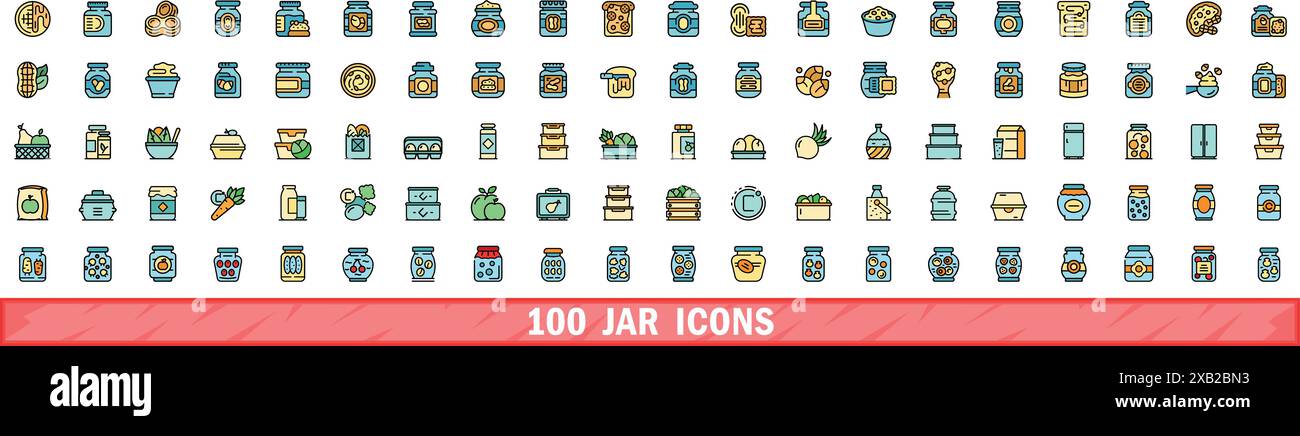 100 jar icons set. Color line set of jar vector icons thin line color ...