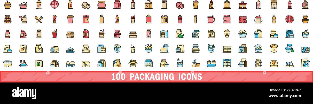 100 packaging icons set. Color line set of packaging vector icons thin ...
