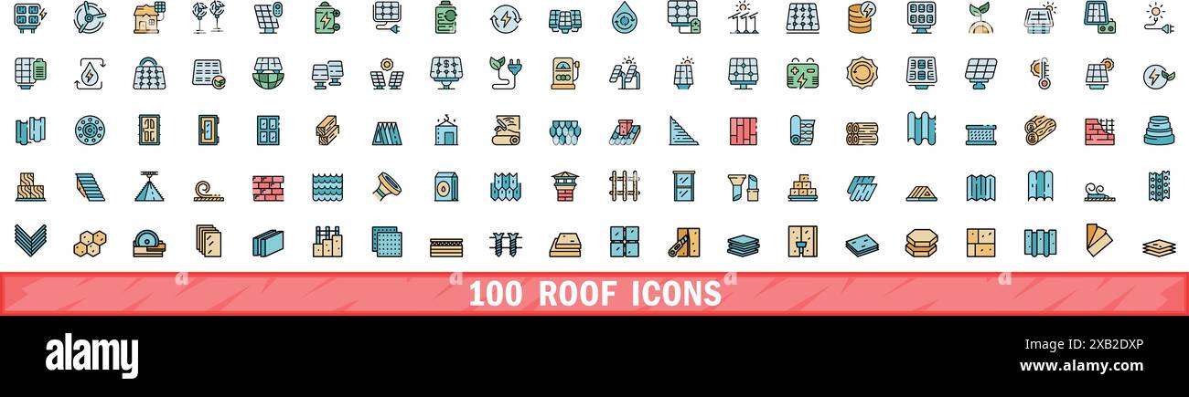 100 roof icons set. Color line set of roof vector icons thin line color flat on white Stock Vector