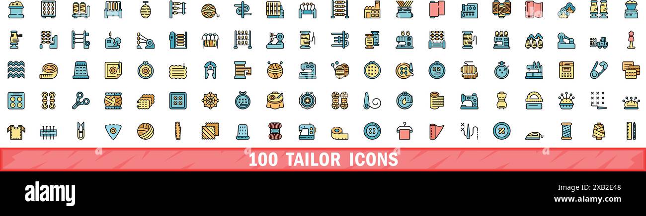 100 tailor icons set. Color line set of tailor vector icons thin line color flat on white Stock Vector