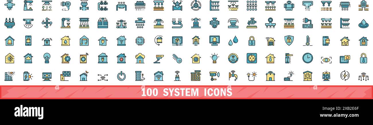 100 system icons set. Color line set of system vector icons thin line color flat on white Stock Vector