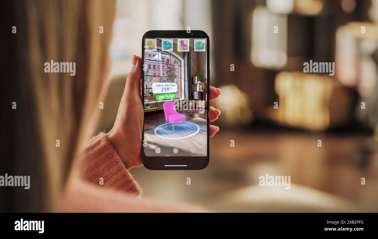 Decorating Apartment: Woman Holding Smartphone, using Augmented Reality ...