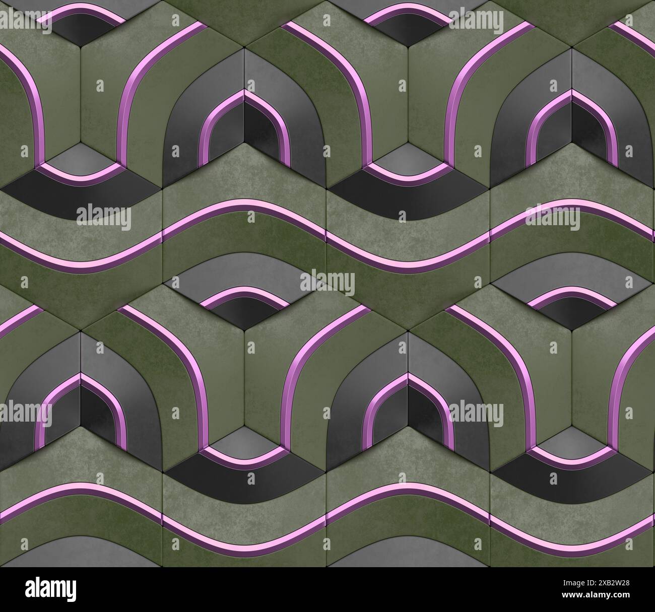 Seamless pattern featuring green and black tiles with flowing pink ...