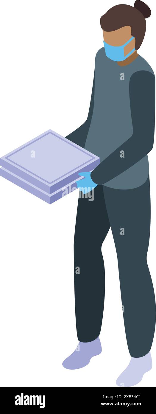 Delivery man wearing medical mask and gloves holding pizza boxes isometric icon Stock Vector