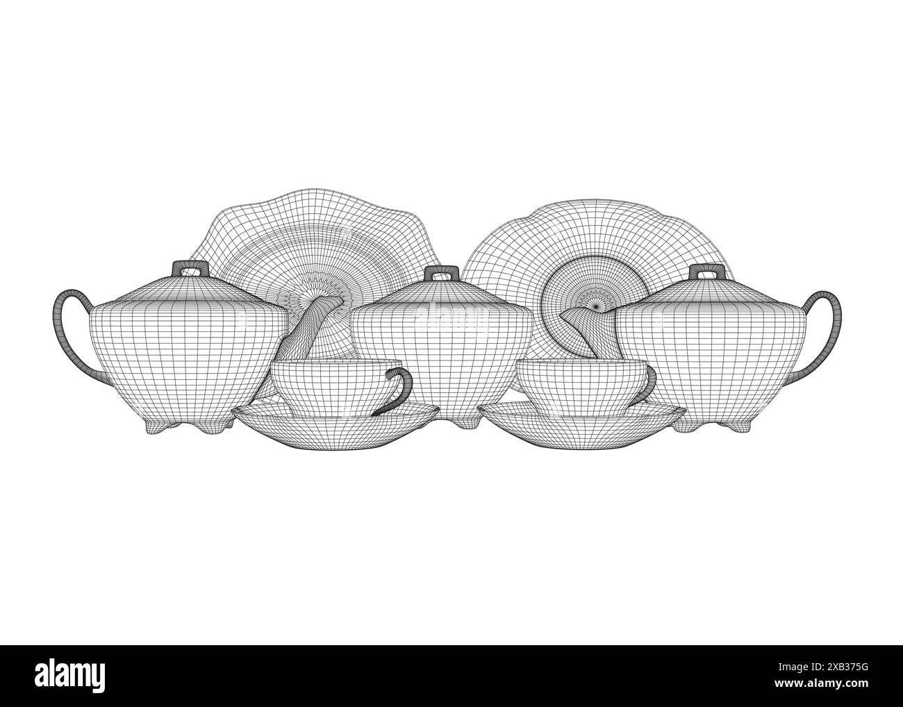 Contour illustration tea set. Teapot, milk jug, sugar bowl and cups and