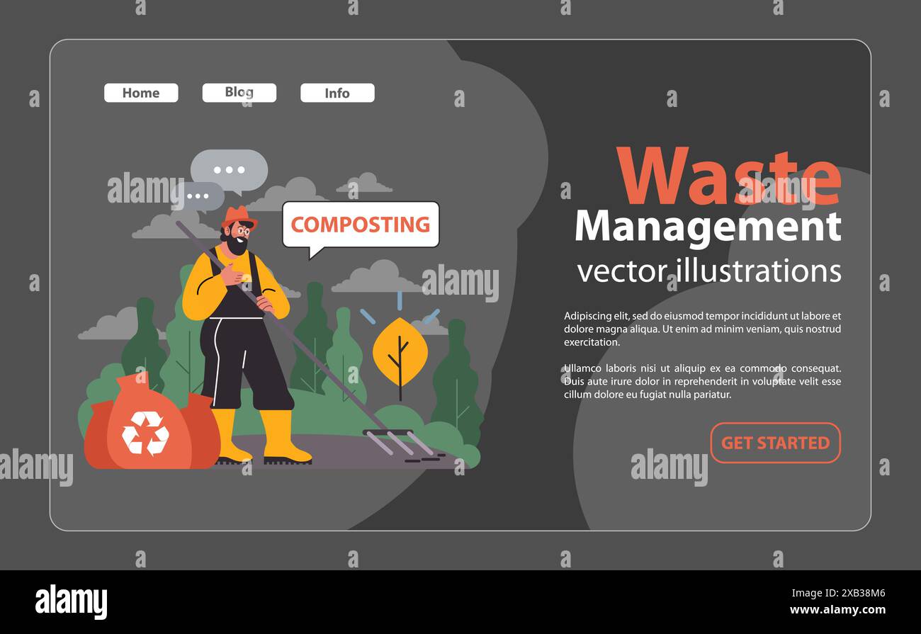 Gardener promotes composting. Bearded man with a pitchfork stands by a