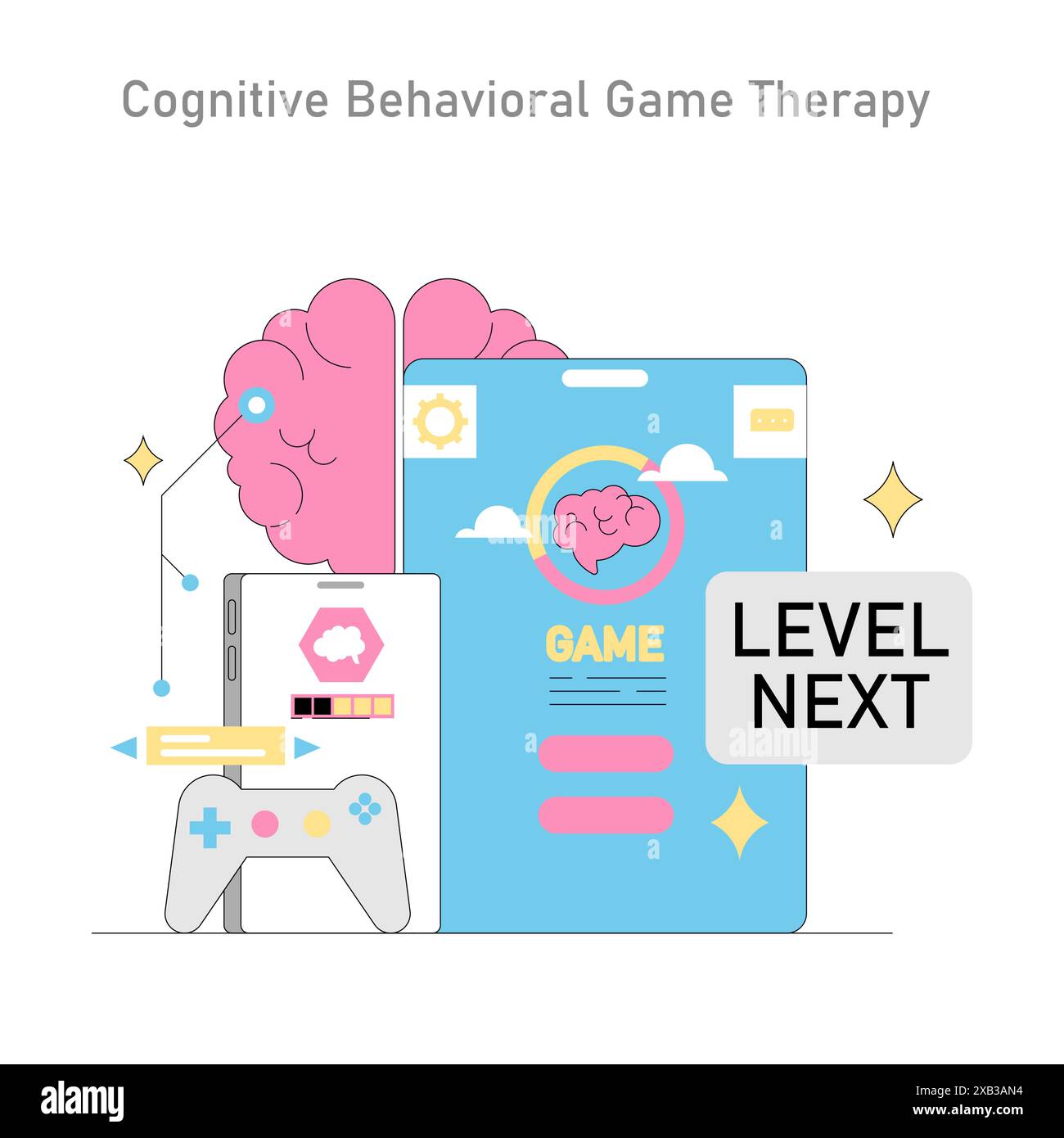 Gamification in psychotherapy illustration. Engaging mental health treatment through interactive 