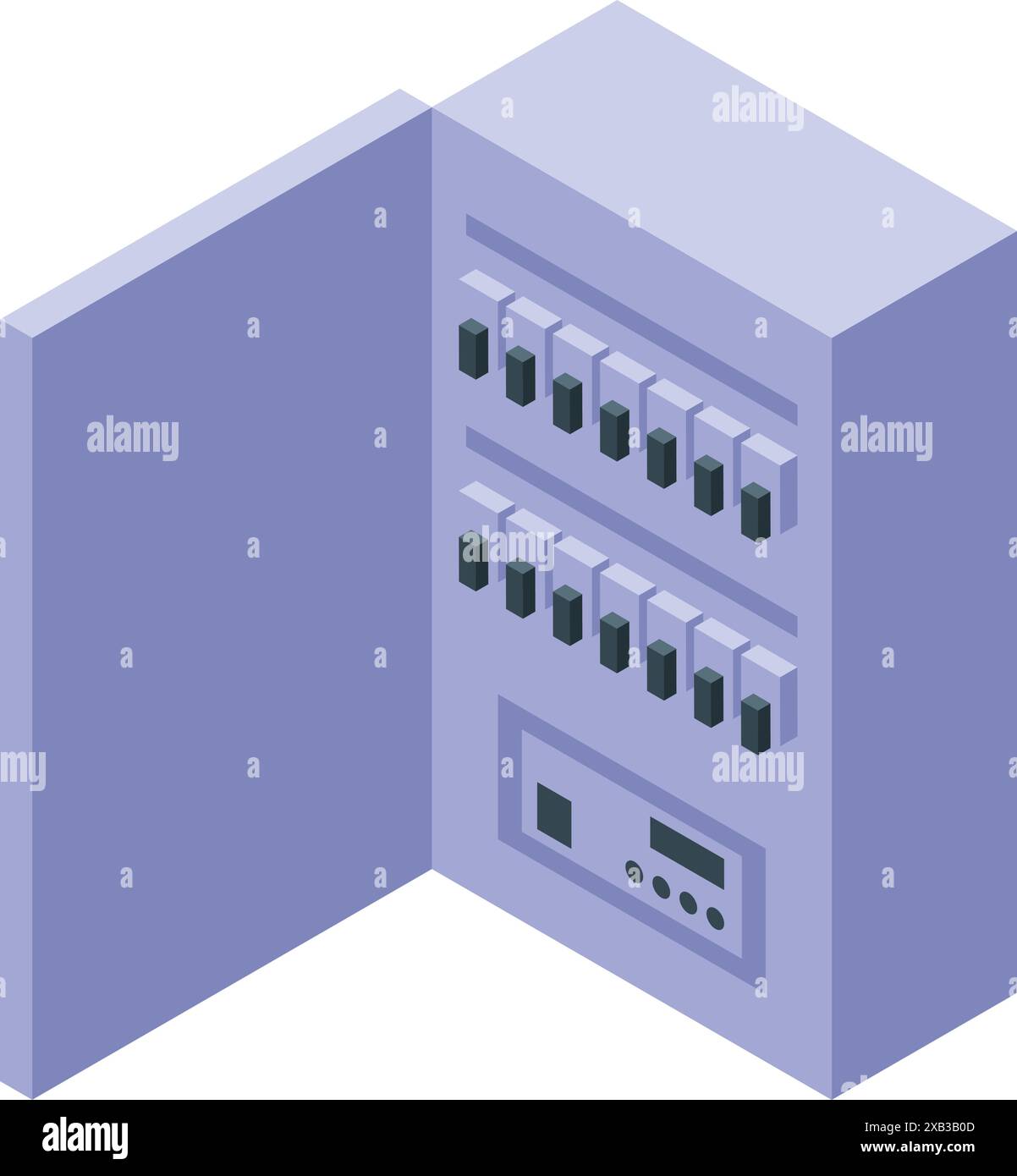 Isometric view of a distribution board featuring circuit breakers and