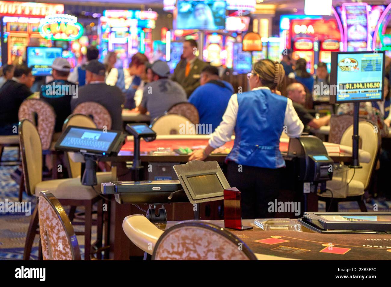 Las Vegas, Nevada, United States of America - June 4, 2024: Symbolic image of casino and gambling. A casino in Las Vegas in the USA with gaming tables and slot machines *** Symbolbild Casino und Glücksspiel. Ein Spielcasino in Las Vegas in den USA mit Spieltischen und Spielautomaten Stock Photo