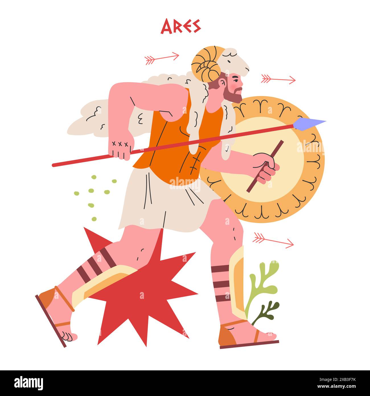 Ancient Greek Gods concept. Dynamic portrayal of Ares, the god of war, wielding a spear and shield, invoking mythology and heroism. Vector illustration. Stock Vector