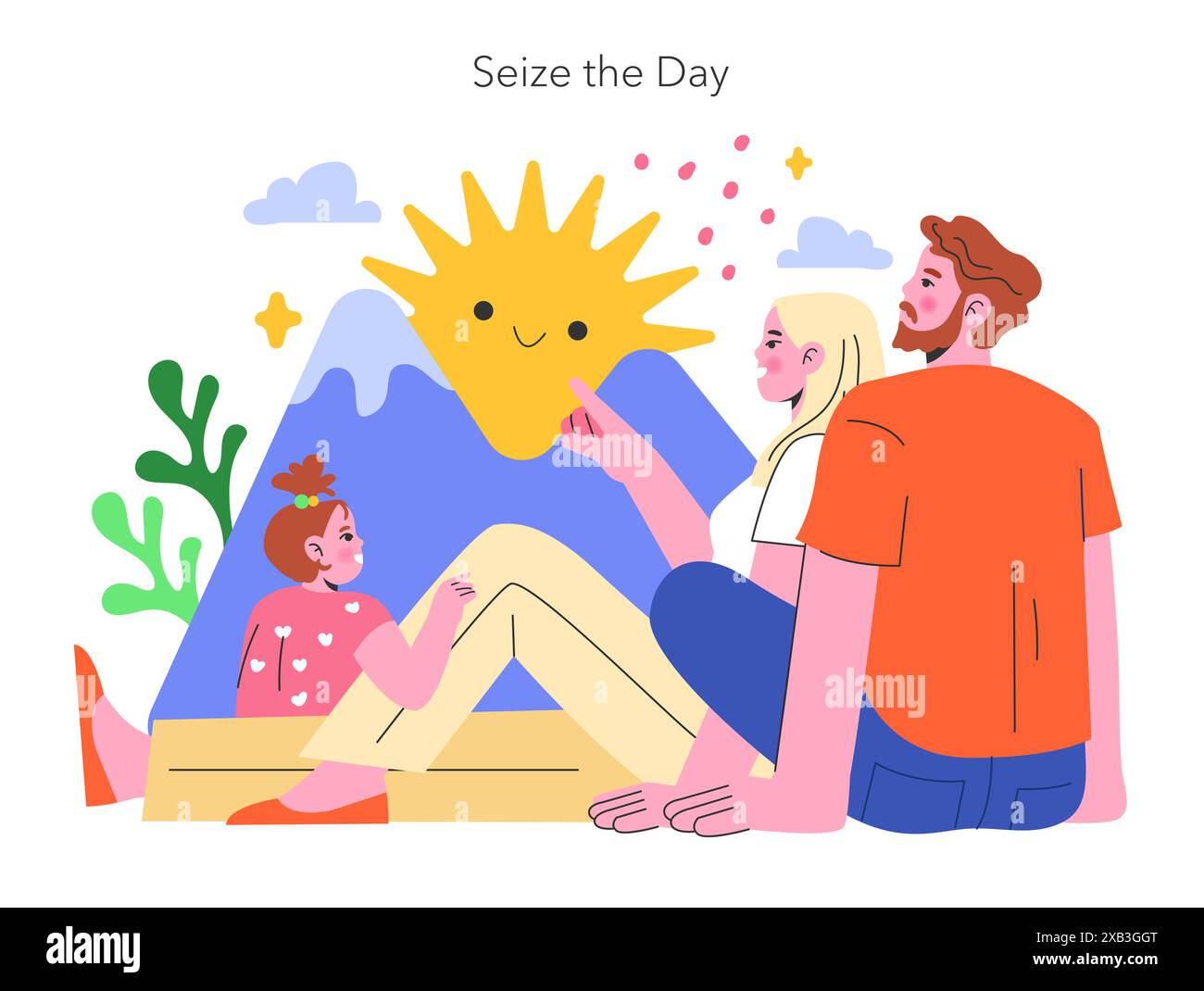 YOLO concept. Joyful family embracing the present moment with a whimsical smiling sun. Celebrating life, playful child, loving couple, mountain background. Vector illustration. Stock Vector