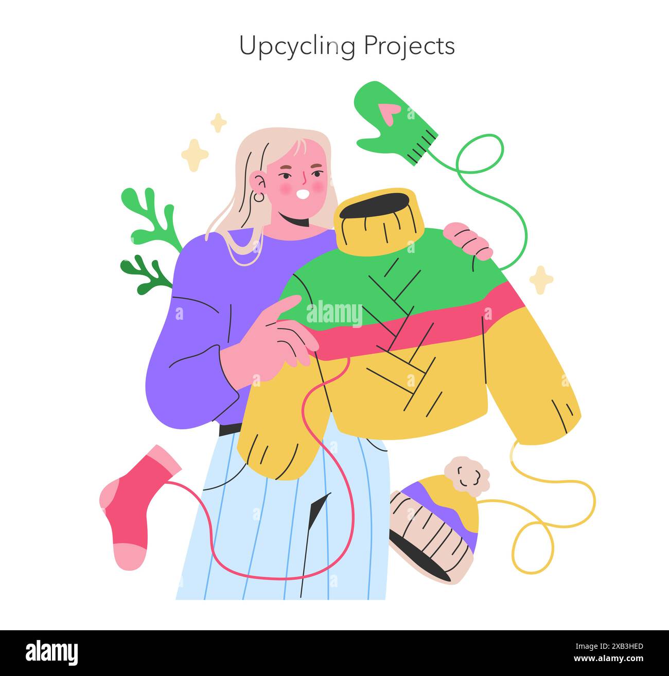 Maker Culture concept A bright figure breathes new life into old garments, illustrating the magic of upcycling projects with a joyful color palette Vector illustration Stock Vector