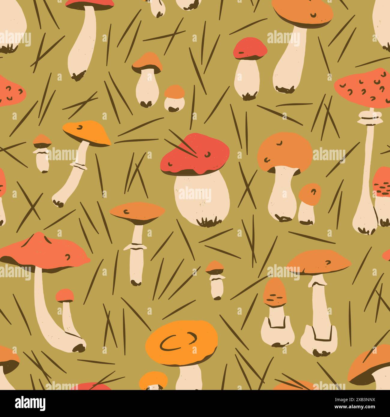 Mushroom vector seamless pattern. Illustration on olive background for kids textile, wallpaper, wrapping paper Stock Vector