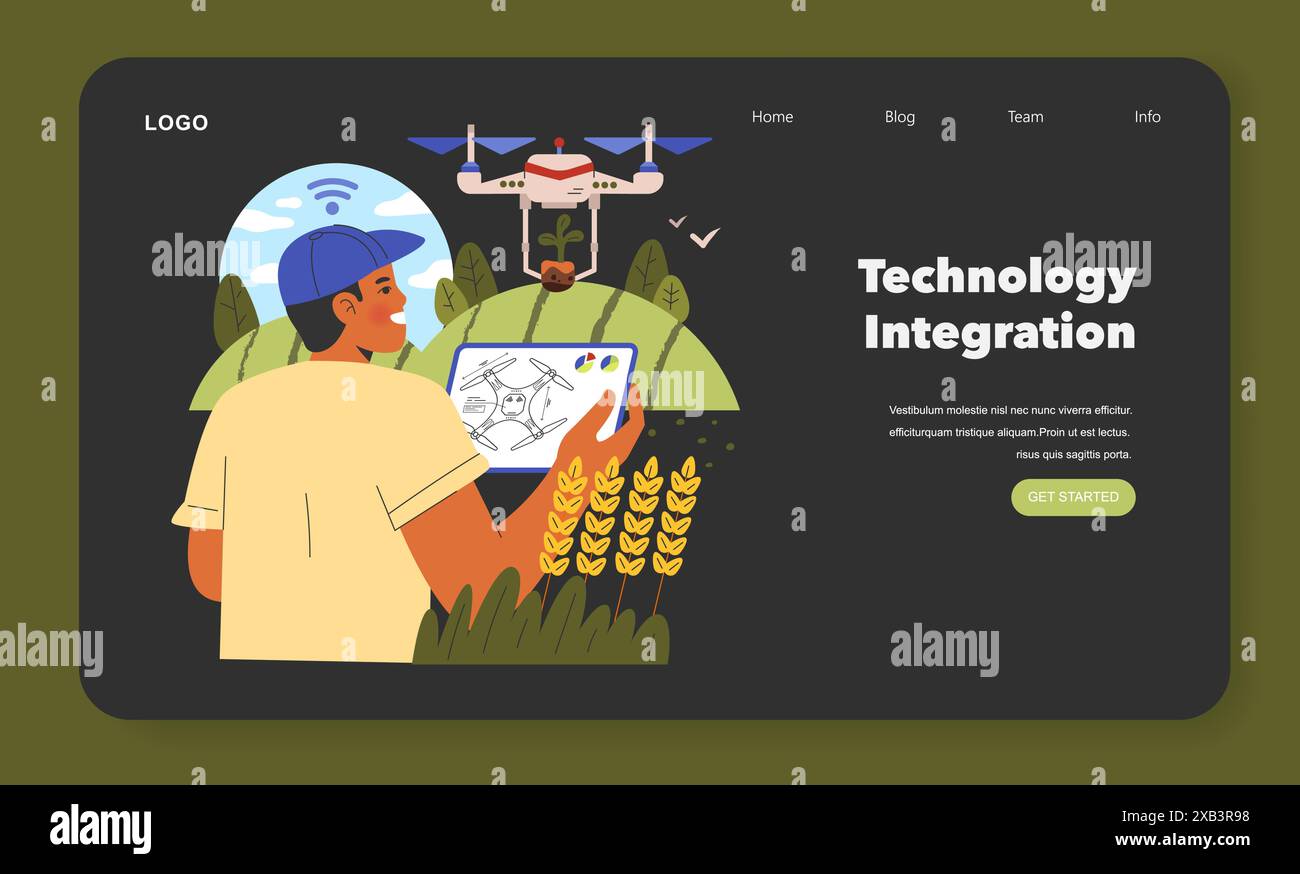 Smart farming concept illustration. A farmer uses a tablet to control a ...